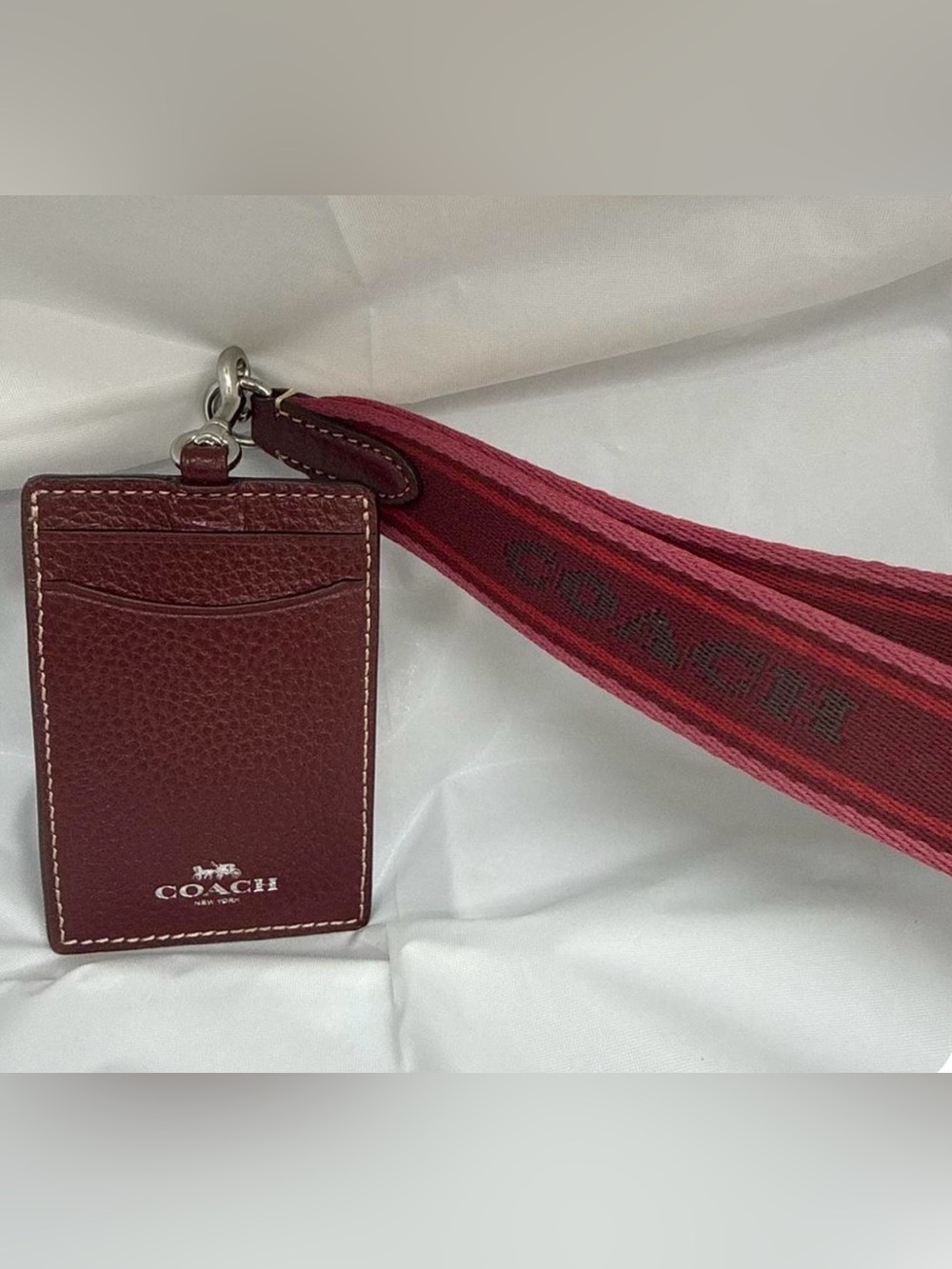 Coach Burgundy Leather Card Holder with Red Branded Lanyard
